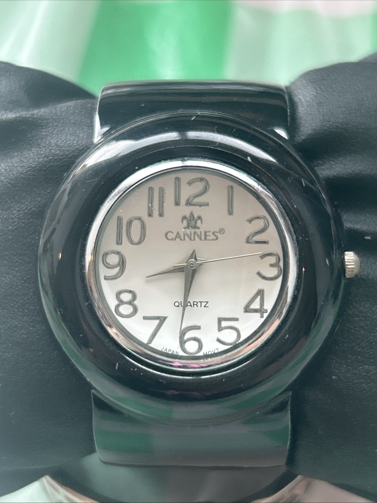 Cannes White Dial Black Bezel And Band Womens Cuff Watch